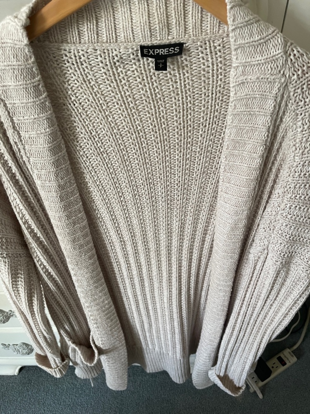 Express Open-Front Ribbed Cardigan Sweater - Light Cream - Picture 2 of 7